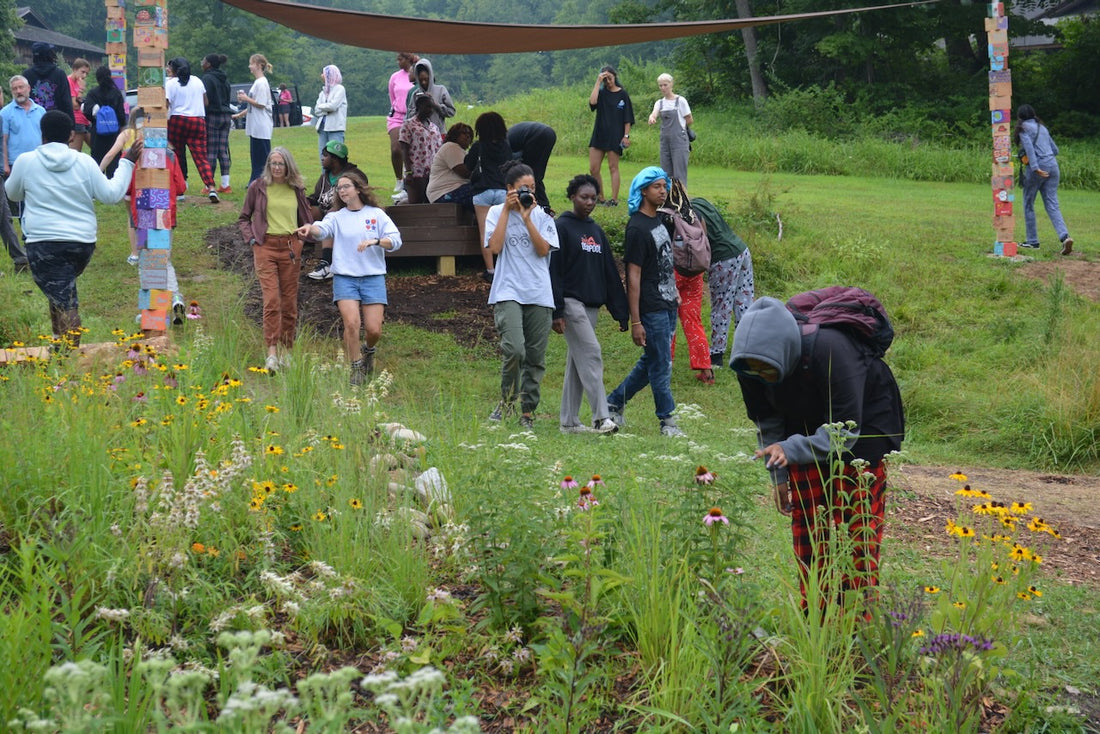 Group of people in a field with wildflowers and wooden sculptures.